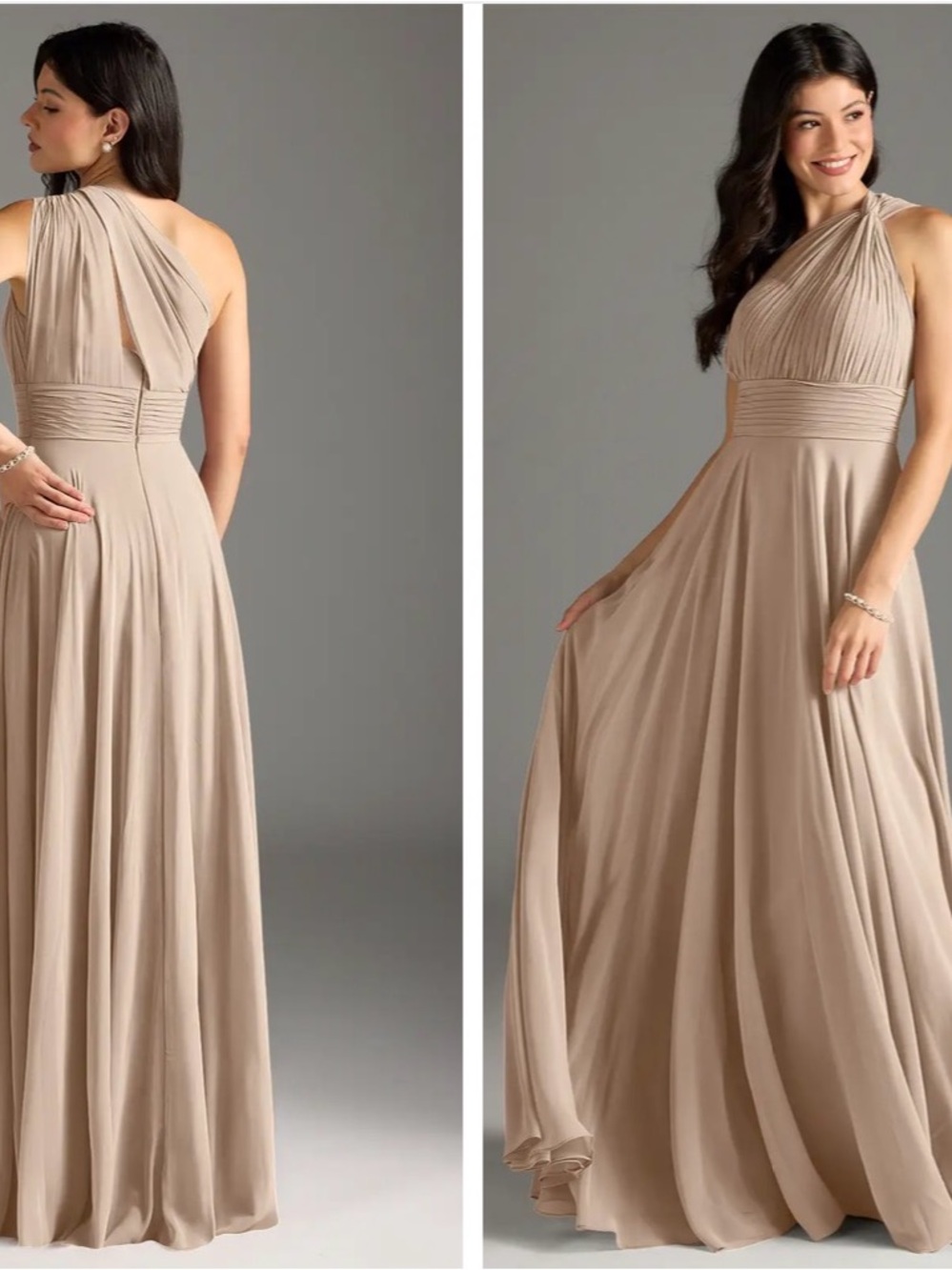 Azazie One-Shoulder Evening Dress - taupe chiffon